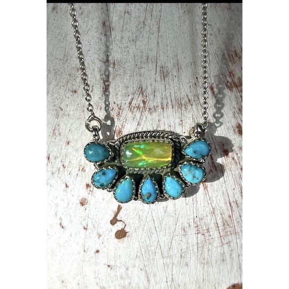 Sterling Silver Turquoise Opal Cluster Necklace 16-18” Southwest Pendant Gift - Picture 2 of 10